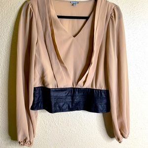 Tan Long Sleeve Blouse with Faux Leather Waist
